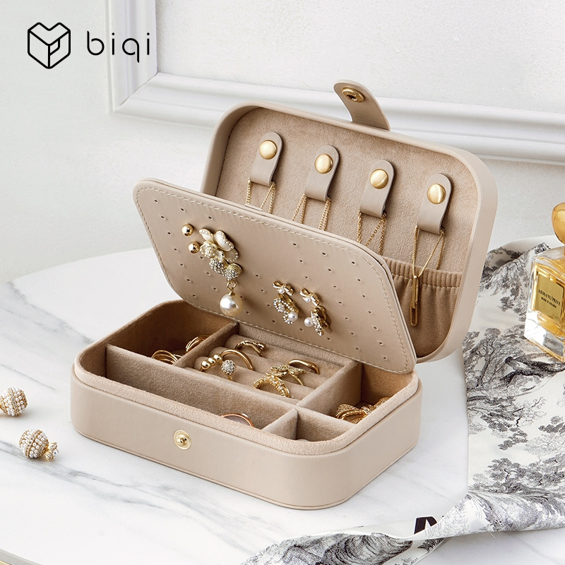 Hộp đựng đồ trang sức mini 2 lớp da PU, di động, cho nữ; khay trưng bày bông tai, vòng cổ