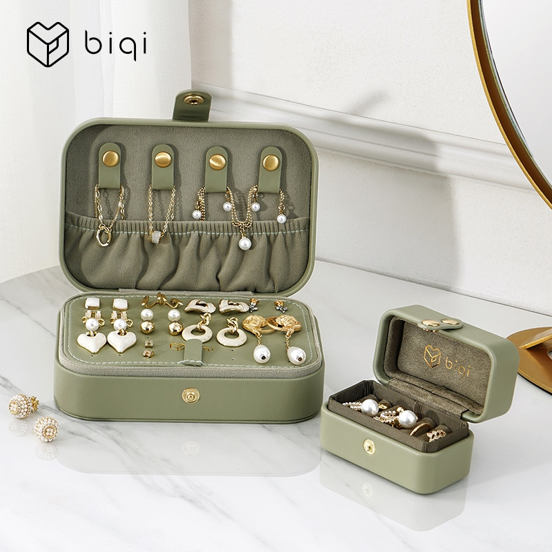 Hộp đựng đồ trang sức mini 2 lớp da PU, di động, cho nữ; khay trưng bày bông tai, vòng cổ