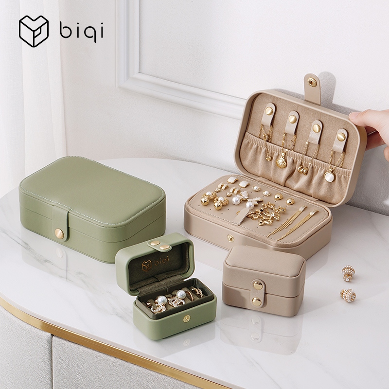 Hộp đựng đồ trang sức mini 2 lớp da PU, di động, cho nữ; khay trưng bày bông tai, vòng cổ
