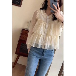 Áo Kiểu Tay Dài Cổ Tròn Phối Bèo Thời Trang Hàn Quốc Cho Nữ
