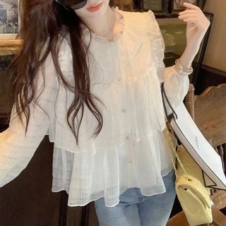 Áo Kiểu Tay Dài Cổ Tròn Phối Bèo Thời Trang Hàn Quốc Cho Nữ