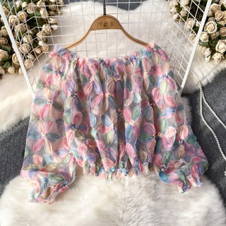 Phụ nữ thời trang mùa hè ngọt ngào khí chất sequin hoa voan áo sơ mi áo