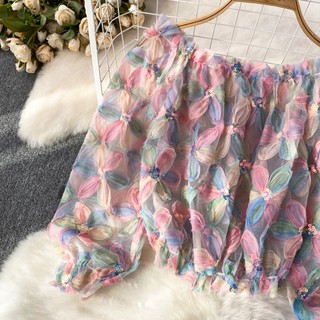 Phụ nữ thời trang mùa hè ngọt ngào khí chất sequin hoa voan áo sơ mi áo