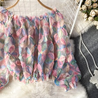 Phụ nữ thời trang mùa hè ngọt ngào khí chất sequin hoa voan áo sơ mi áo