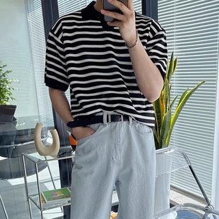 Áo thun nam ngắn tay ngắn polo nam mùa hè cao cấp Ve áo thun sọc phong cách mỏng Hàn Quốc Áo thun ngắn tay dệt kim phong cách Nhật Bản thông thường nửa