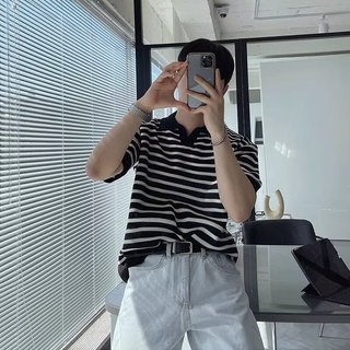 Áo thun nam ngắn tay ngắn polo nam mùa hè cao cấp Ve áo thun sọc phong cách mỏng Hàn Quốc Áo thun ngắn tay dệt kim phong cách Nhật Bản thông thường nửa
