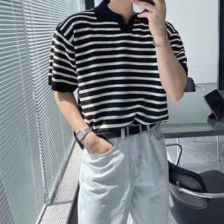 Áo thun nam ngắn tay ngắn polo nam mùa hè cao cấp Ve áo thun sọc phong cách mỏng Hàn Quốc Áo thun ngắn tay dệt kim phong cách Nhật Bản thông thường nửa