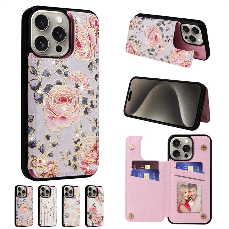 Da Mỹ In Retro Hoa Hồng Khe Cắm Thẻ Đứng Flip Back Cover Cho Iphone 15 14 12 13 11 Pro 7 8 Plus X Xr Xs Max Se 2 3 2020 Ví Chân Đế