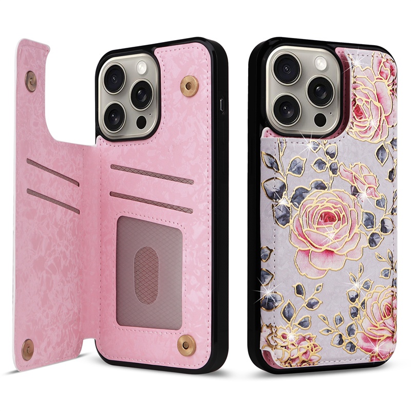Da Mỹ In Retro Hoa Hồng Khe Cắm Thẻ Đứng Flip Back Cover Cho Iphone 15 14 12 13 11 Pro 7 8 Plus X Xr Xs Max Se 2 3 2020 Ví Chân Đế
