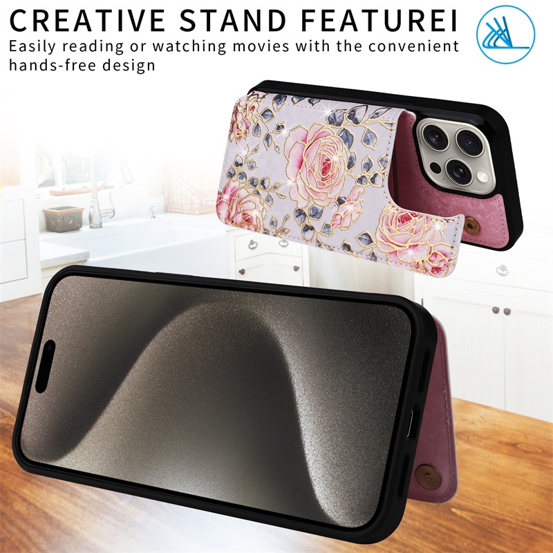 Da Mỹ In Retro Hoa Hồng Khe Cắm Thẻ Đứng Flip Back Cover Cho Iphone 15 14 12 13 11 Pro 7 8 Plus X Xr Xs Max Se 2 3 2020 Ví Chân Đế
