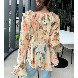 Thời trang nữ Hàn Quốc cổ chữ v cổ điển dài tay áo xếp nếp hoa