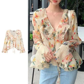 Thời trang nữ Hàn Quốc cổ chữ v cổ điển dài tay áo xếp nếp hoa