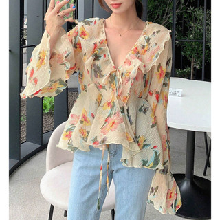 Thời trang nữ Hàn Quốc cổ chữ v cổ điển dài tay áo xếp nếp hoa