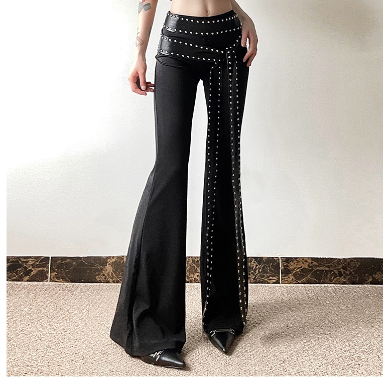 Cutenew Y2K Đinh Tán Thiết Kế Thắt Lưng loe Quần Nữ Thời Trang Sang Trọng Phong Cách Đường Phố Thoáng Mát Quần Eo Cao