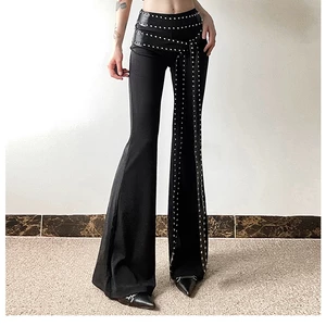 Cutenew Y2K Đinh Tán Thiết Kế Thắt Lưng loe Quần Nữ Thời Trang Sang Trọng Phong Cách Đường Phố Thoáng Mát Quần Eo Cao