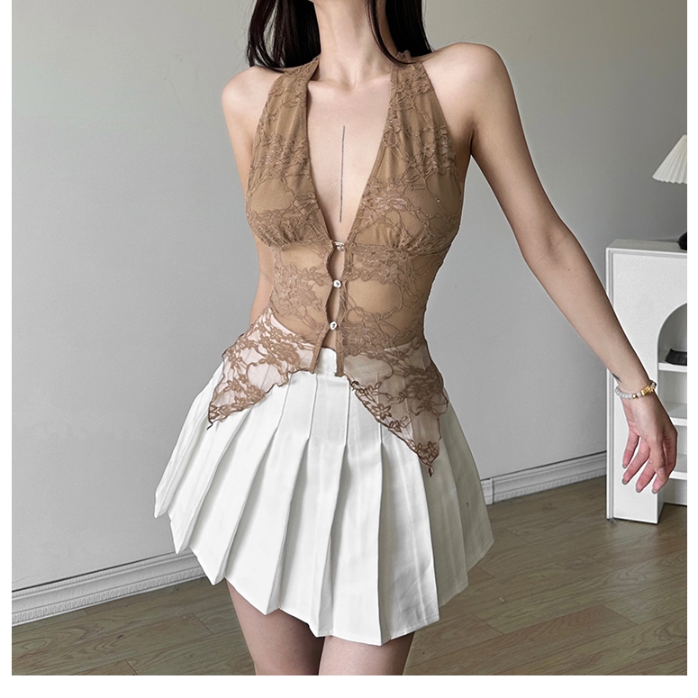 Klalien Mùa Hè Mới Nữ Ren Gợi Cảm Cổ Chữ V Sâu Treo Cổ Buộc Xe Tăng Top Với Rỗng Không Đều Giảm Béo Top