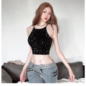 Klalien Mùa Hè Mới Nữ Hot Girl Blingbling Dây Đeo Xe Tăng Nhỏ Top Dây Xích Cao Cấp Ngắn Top