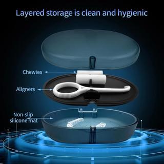 Hộp đựng chỉnh nha 2 lớp có gương, đựng răng giả/niềng tháo rời, que silicon làm sạch