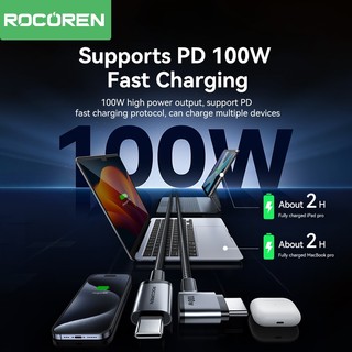 Cáp dữ liệu sạc nhanh Rocoren 60W / 100W Khuỷu tay 90 độ USB C sang Type C Cáp QC4.0 cho Samsung Xiao Huawei