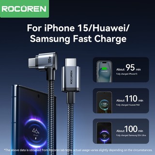 Cáp dữ liệu sạc nhanh Rocoren 60W / 100W Khuỷu tay 90 độ USB C sang Type C Cáp QC4.0 cho Samsung Xiao Huawei