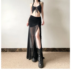 Cutenew Gợi Cảm Lưới Chắp Vá Bên Cắt Váy Dài Nữ Mùa Hè Đen Đa Năng Cơ Bản Ruched Không Đều Midi Váy