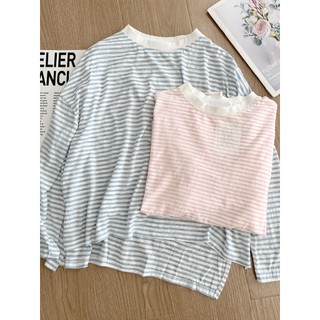 Phong cách hàn quốc nữ dài tay sọc rộng cổ tròn oversize áo sơ mi giản dị áo baju wanita mặc bên trong áo thun áo có sẵn hàng mới