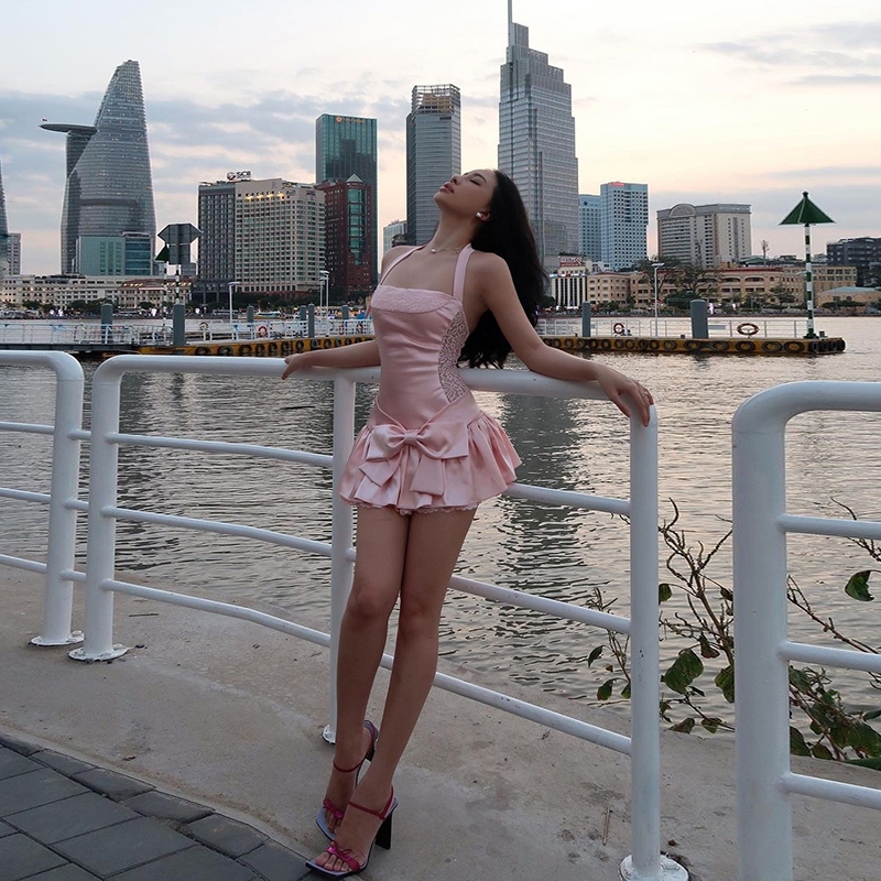 Cutenew Thanh Lịch Nơ Xếp Ly Đầm Nữ Mùa Hè Dây Lưng Ren Ghép Sinh Nhật Đi Biển Ngày Lễ Mini Đầm