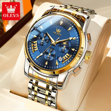 Đồng hồ chống nước chính hãng Olevs Đồng hồ nam bằng thép không gỉ đa chức năng dạ quang Chronograph Đồng hồ nam pha mặt trăng Đồng hồ đeo tay thạch anh Đồng hồ nam có hộp 2892