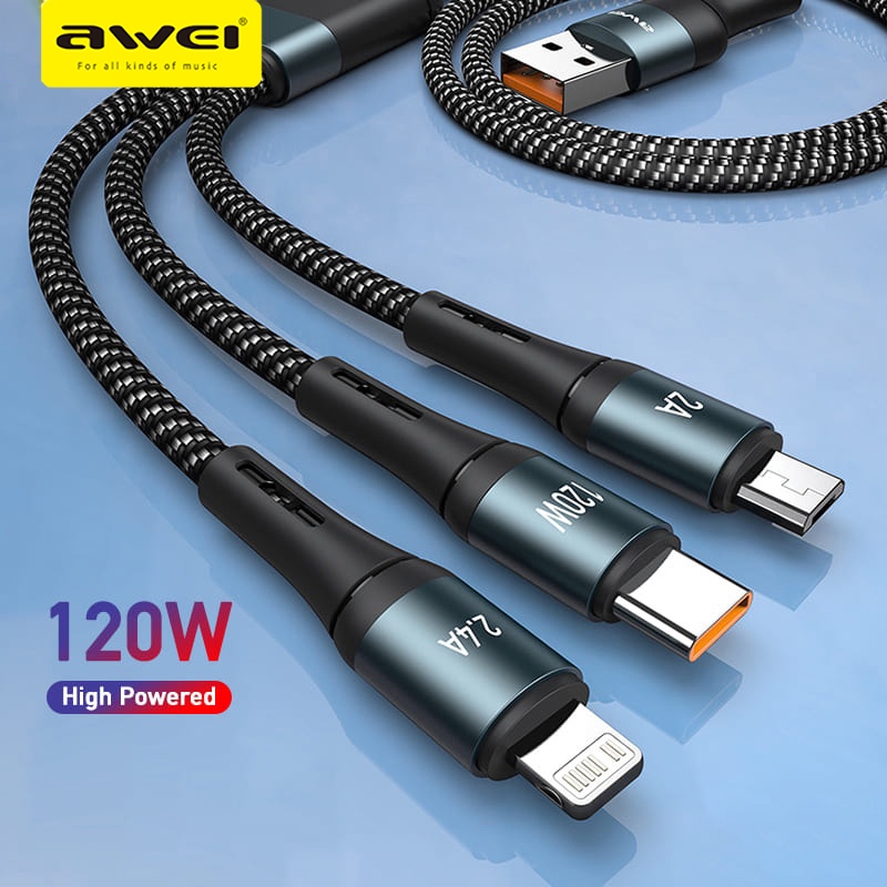 Ảnh Dây cáp sạc Awei CL-972 120W Nhanh 3 Trong 1 Loại C Cáp Micro USB 1.2M Nylon Bradied 1