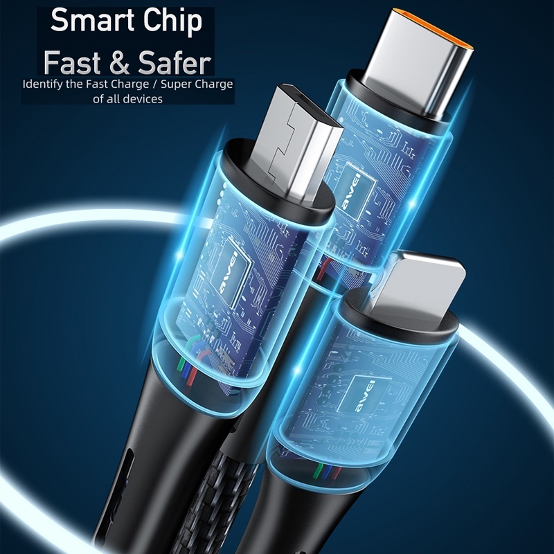 Ảnh Dây cáp sạc Awei CL-972 120W Nhanh 3 Trong 1 Loại C Cáp Micro USB 1.2M Nylon Bradied 3