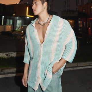 Mỹ Retro Nhiều Màu Sắc Sọc Rỗng Dệt Kim Áo Len Xuân Hè Ve Áo Rời Áo Sơ Mi Thường Ngày Top Dạo Phố Phiên Bản Rời Áo Sơ Mi Dệt Kim