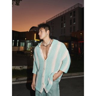 Mỹ Retro Nhiều Màu Sắc Sọc Rỗng Dệt Kim Áo Len Xuân Hè Ve Áo Rời Áo Sơ Mi Thường Ngày Top Dạo Phố Phiên Bản Rời Áo Sơ Mi Dệt Kim