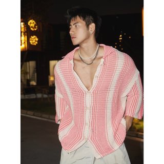 Mỹ Retro Nhiều Màu Sắc Sọc Rỗng Dệt Kim Áo Len Xuân Hè Ve Áo Rời Áo Sơ Mi Thường Ngày Top Dạo Phố Phiên Bản Rời Áo Sơ Mi Dệt Kim
