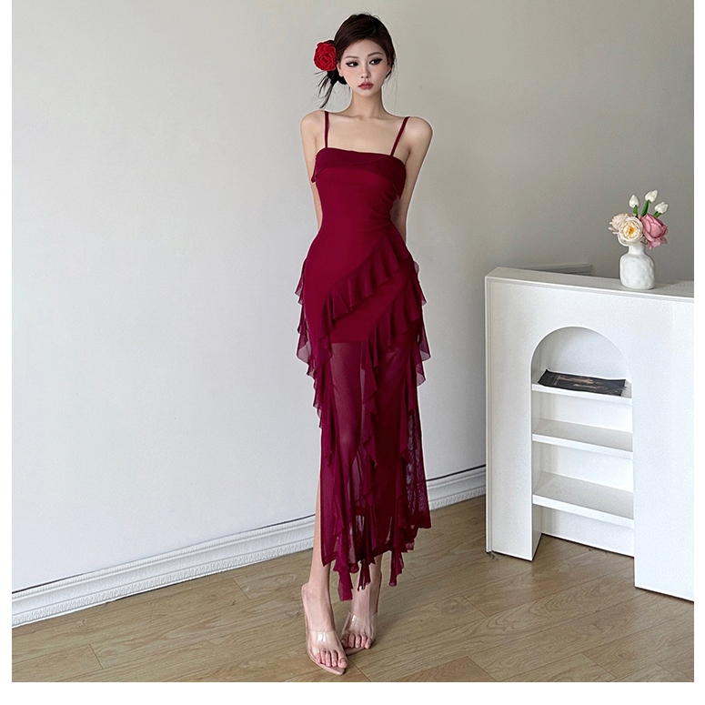 Cutenew Lưới Chắp Vá Ruffle Bên Khe Dài Đầm Nữ Mùa Hè Không Tay Lưng Đi Biển Ngày Lễ Midi Đầm
