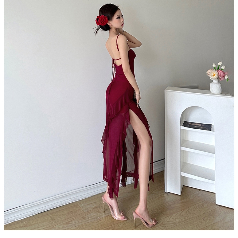 Cutenew Lưới Chắp Vá Ruffle Bên Khe Dài Đầm Nữ Mùa Hè Không Tay Lưng Đi Biển Ngày Lễ Midi Đầm