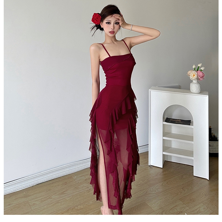Cutenew Lưới Chắp Vá Ruffle Bên Khe Dài Đầm Nữ Mùa Hè Không Tay Lưng Đi Biển Ngày Lễ Midi Đầm