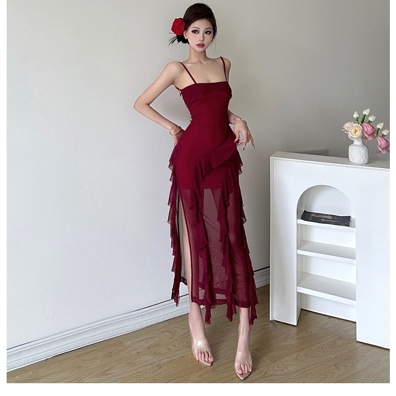 Cutenew Lưới Chắp Vá Ruffle Bên Khe Dài Đầm Nữ Mùa Hè Không Tay Lưng Đi Biển Ngày Lễ Midi Đầm