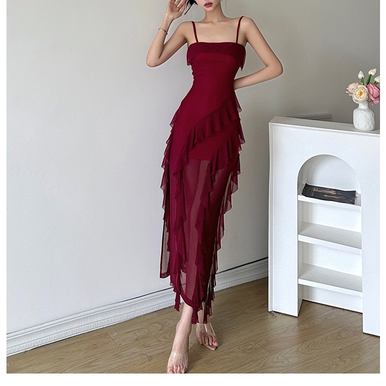 Cutenew Lưới Chắp Vá Ruffle Bên Khe Dài Đầm Nữ Mùa Hè Không Tay Lưng Đi Biển Ngày Lễ Midi Đầm