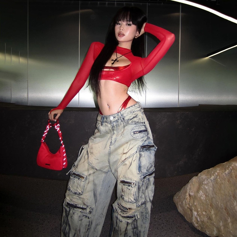 Cutenew Bộ áo thun hai mảnh gợi cảm Áo ngực nữ + Lưới dài tay Crop Top Y2K Phong cách đường phố