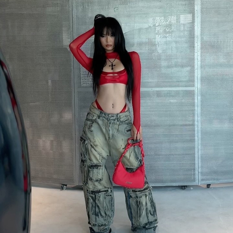 Cutenew Bộ áo thun hai mảnh gợi cảm Áo ngực nữ + Lưới dài tay Crop Top Y2K Phong cách đường phố