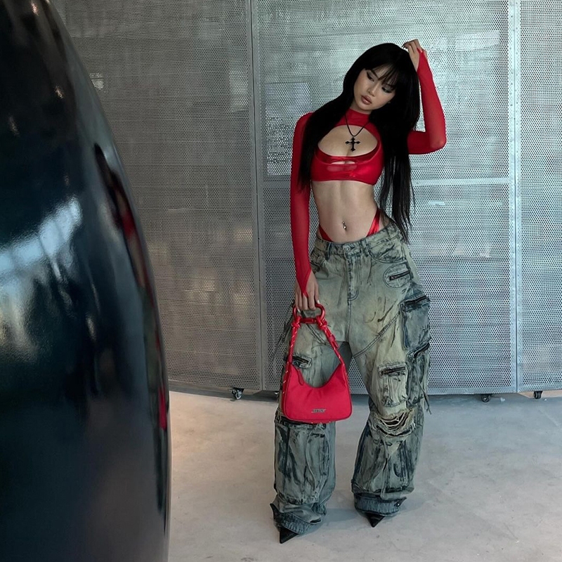 Cutenew Bộ áo thun hai mảnh gợi cảm Áo ngực nữ + Lưới dài tay Crop Top Y2K Phong cách đường phố