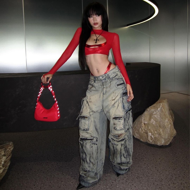 Cutenew Bộ áo thun hai mảnh gợi cảm Áo ngực nữ + Lưới dài tay Crop Top Y2K Phong cách đường phố