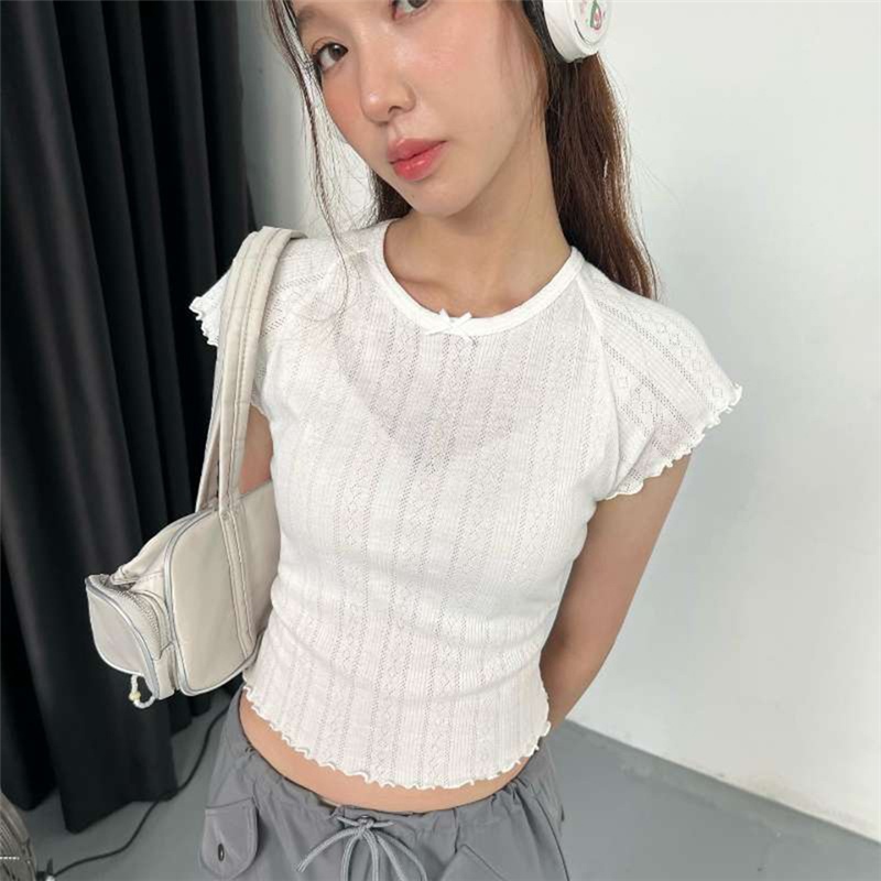 Klalien Mùa Hè Tối Giản Sang Trọng Retro Màu Nơ Áo Thun Nữ Gỗ Tai Đa Năng Hàng Đầu