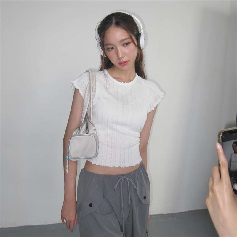 Klalien Mùa Hè Tối Giản Sang Trọng Retro Màu Nơ Áo Thun Nữ Gỗ Tai Đa Năng Hàng Đầu