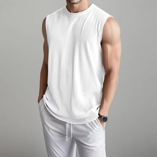 Mùa hè co giãn Ice Silk Áo ghi lê cổ tròn Áo ghi lê sọc dọc Hàn Quốc Áo xếp ly