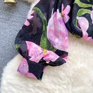 Phong Cách Hàn Quốc Nữ Nữ Voan Rời In Hoa Đèn Lồng Áo Sơ Mi Tay Dài Áo Baju Baju Wanita Lengan Panjang Hàng Mới Sẵn Có