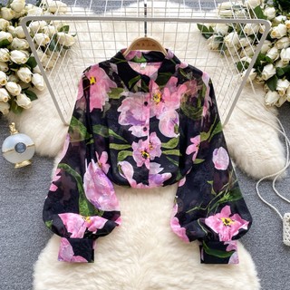 Phong Cách Hàn Quốc Nữ Nữ Voan Rời In Hoa Đèn Lồng Áo Sơ Mi Tay Dài Áo Baju Baju Wanita Lengan Panjang Hàng Mới Sẵn Có