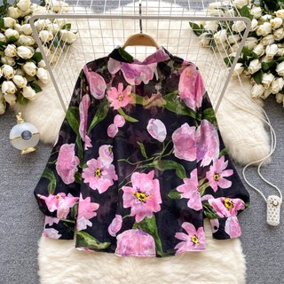 Phong Cách Hàn Quốc Nữ Nữ Voan Rời In Hoa Đèn Lồng Áo Sơ Mi Tay Dài Áo Baju Baju Wanita Lengan Panjang Hàng Mới Sẵn Có
