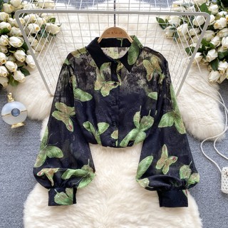 Phong Cách Hàn Quốc Nữ Nữ Voan Rời In Hoa Đèn Lồng Áo Sơ Mi Tay Dài Áo Baju Baju Wanita Lengan Panjang Hàng Mới Sẵn Có