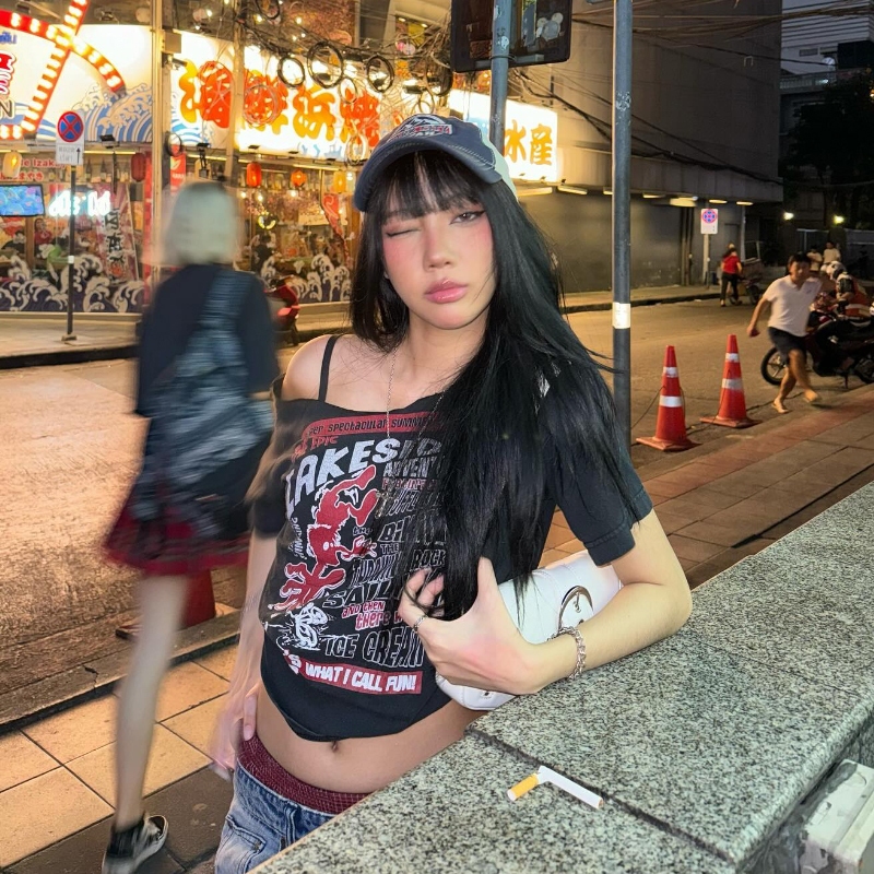 Cutenew In Hình Áo Thun Nữ Mùa Hè Retro Nhân Quả Phong Cách Đường Phố Crop Top
